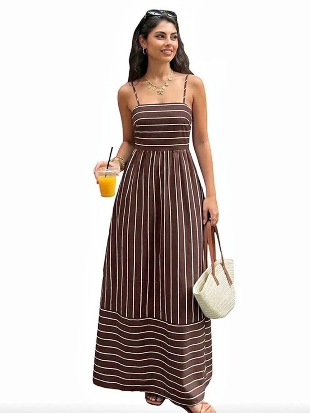 Striped Maxi Dress in Brown & White Like New